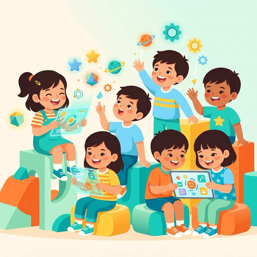 儿童在使用教育科技产品快乐学习的插画